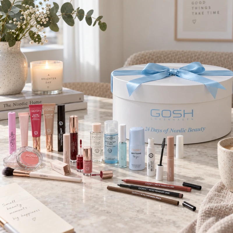 GOSH 24 Days of Nordic Beauty i rund hvit gaveboks med lyseblå sløyfe og sminkeprodukter foran