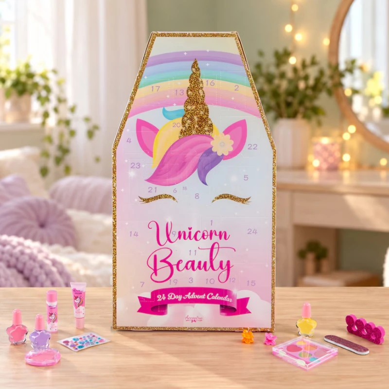 Accentra Unicorn Beauty-kalender i rosa og pastellfarger med enhjørningsmotiv og sminketilbehør